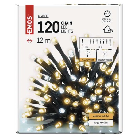 Catena Luminosa 120 LED: 96 caldi fissi e 24 freddi lampeggianti, 12m, Timer, Esterno | Emos D4AN02
