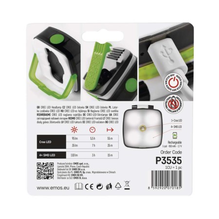 Lampada Frontale Ricaricabile CREE + SMD LED P3535 - 110lm, 55m, Versatile | Emos P3535