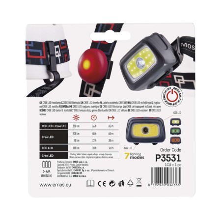 Lampada Frontale CREE + COB LED 330lm, Ganci Casco, Fischietto SOS - Sicurezza Outdoor | Emos P3531