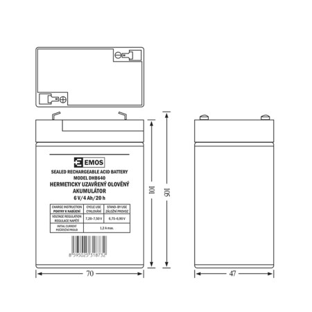 Dimension della i batteria Piombo 6V 4Ah Ricaricabile Faston 4.7mm