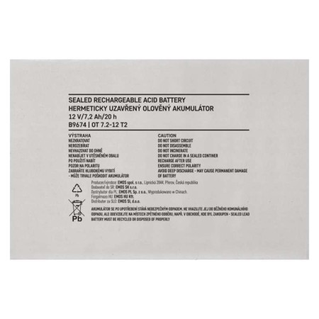 Batteria Piombo 12V 7.2Ah Ricaricabile Faston 6.3mm per UPS Allarmi | EMOS B9674