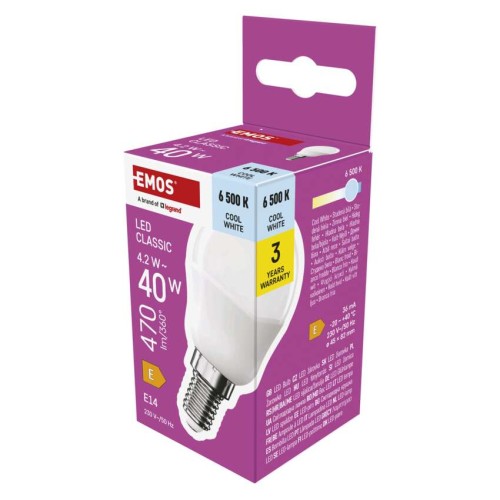 Lampadina LED Sfera E14 4.2W (40W) - Luce Fredda 6500K, 806lm | Emos ZQ1E24