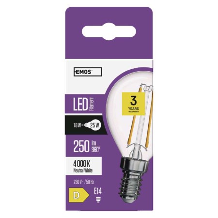 Lampadina LED Filamento E14 1.8W (25W) Luce Neutra 4000K 250LM Sfera Chiara | Emos ZF1201