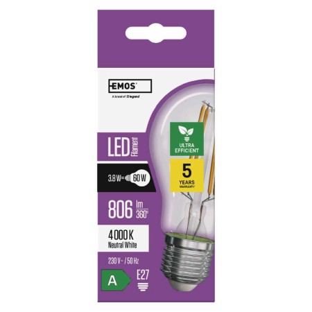 Lampadina LED Filamento E27 3.8W (60W) 4000K Classe A: Luce Bianca Naturale | Emos ZF5148
