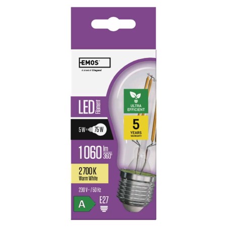 Lampadina LED Filamento E27 5W (75W) Ultra Efficient 2700K Classe A 212lm/W | EMOS ZF5157