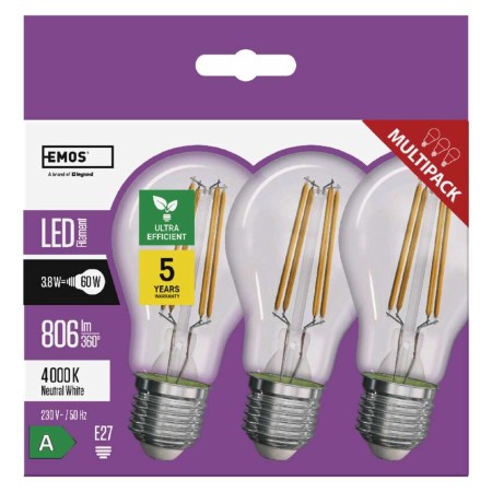 Confezione da 3 Lampadine LED Filamento E27 3.8W (60W) 4000K Classe A: Luce Bianca Naturale | Emos ZF5148.3