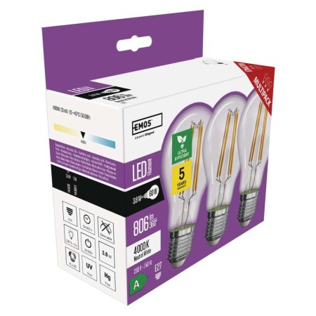 Confezione da 3 Lampadine LED Filamento E27 3.8W (60W) 4000K Classe A: Luce Bianca Naturale | Emos ZF5148.3
