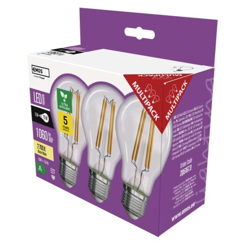 Confezione 3 Lampadine LED Filamento E27 5W 2700K Classe A Luce Calda | Emos ZF5157.3