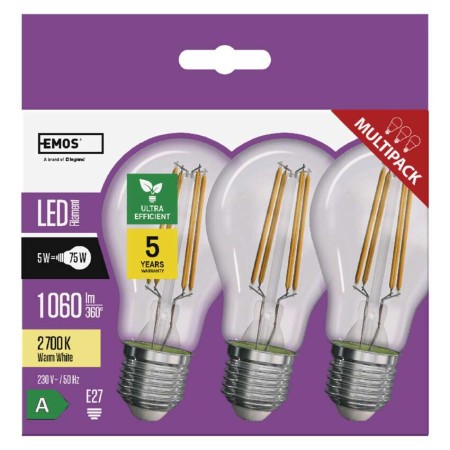 Confezione da 3 Lampadine LED Filamento E27 5W (75W) 4000K Classe A: Luce Bianca Naturale | Emos ZF5158.3
