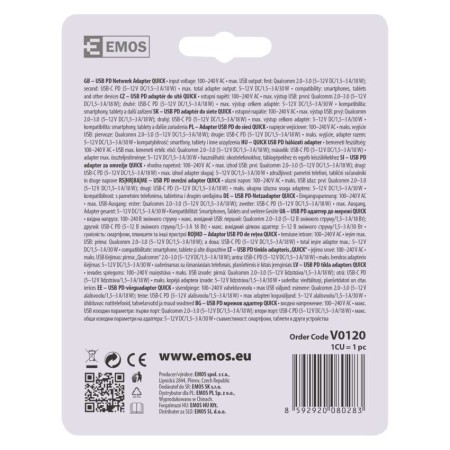 Caricabatterie USB da Parete 30W con Porte USB-A QC 3.0 e USB-C PD | EMOS V0120