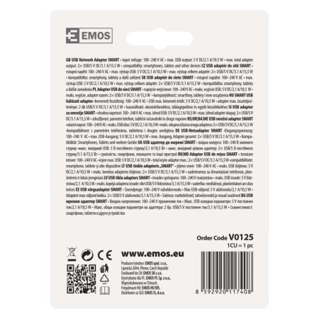 Caricabatterie USB 15W 2 Porte USB-A Compatibile Smartphone Tablet | EMOS V0125