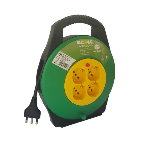 Avvolgicavo 10MT 4 Prese Polivalenti con Spina 16A e Cavo 3x1.5 con Disgiuntore Termico | Ecova 32118