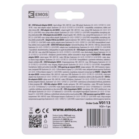 Caricabatterie USB 18W Quick Charge 3.0 Porta USB-A | EMOS V0113