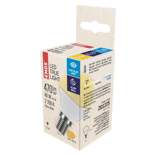 Lampadina LED E14 4.2W (40W) 2700K sfera filtro luce blu True Light ZQ1225