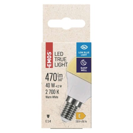 Lampadina LED E14 4.2W (40W) 2700K sfera filtro luce blu True Light ZQ1225