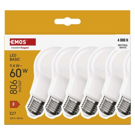 Set 6 Lampadine LED A60 E27 9.4W (60W) 806lm 4000K Bianco Neutro | EMOS ZL5F43.6