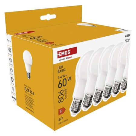 Set 6 Lampadine LED A60 E27 9.4W (60W) 806lm 4000K Bianco Neutro | EMOS ZL5F43.6