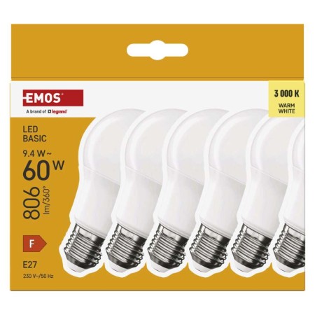 Set 6 Lampadine LED A60 E27 9.4W (60W) 806lm 3000K Luce Calda | EMOS ZL5F42.6