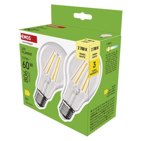 SET di 2 Lampadine LED Filamento Goccia E27 5.9W 806lm 2700K Luce Calda | Emos ZF5D42.2