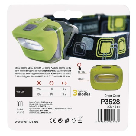 Lampada Frontale CREE + COB LED 330lm, Ganci Casco, Fischietto SOS - Sicurezza Outdoor | Emos P3531