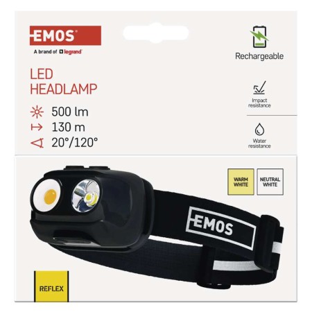 Lampada Frontale LED COB Ricaricabile, 500 lm, Sensore Touchless, 7 Modalità, 130m di Portata, USB-C | EMOS P3542