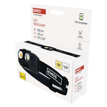 Lampada Frontale LED COB Ricaricabile, 500 lm, Sensore Touchless, 7 Modalità, 130m di Portata, USB-C | EMOS P3542