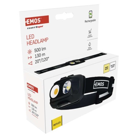 Lampada Frontale LED COB Ricaricabile, 500 lm, Sensore Touchless, 7 Modalità, 130m di Portata, USB-C | EMOS P3542