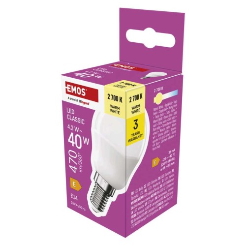 Lampadina LED Sfera E14 4.2W (40W) 470lm 2700K Luce Calda | Emos ZQ1E21