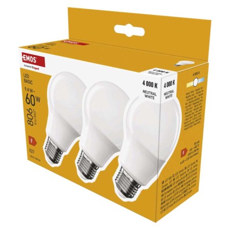 Set 3 Lampadine LED A60 E27 9.4W (60W) 806lm 4000K Bianco Neutro | EMOS ZL5F43.3