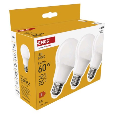 Set 3 Lampadine LED A60 E27 9.4W (60W) 806lm 4000K Bianco Neutro | EMOS ZL5F43.3
