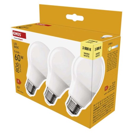 Set 3 Lampadine LED A60 E27 9.4W (60W) 806lm 3000K Luce Calda | EMOS ZL5F42.3