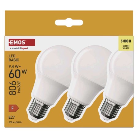 Set 3 Lampadine LED A60 E27 9.4W (60W) 806lm 3000K Luce Calda | EMOS ZL5F42.3