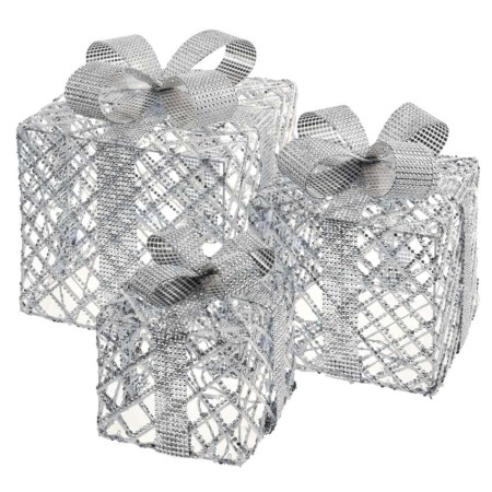 Decorazione Natalizia LED 3 Scatole Regalo Argento con Luce Bianca Fredda e Timer | Emos DCFC10