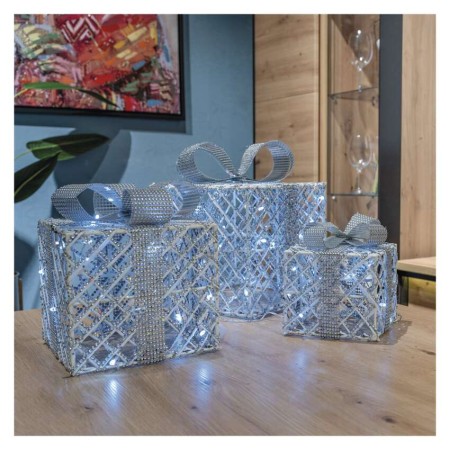 Decorazione Natalizia LED 3 Scatole Regalo Argento con Luce Bianca Fredda e Timer | Emos DCFC10