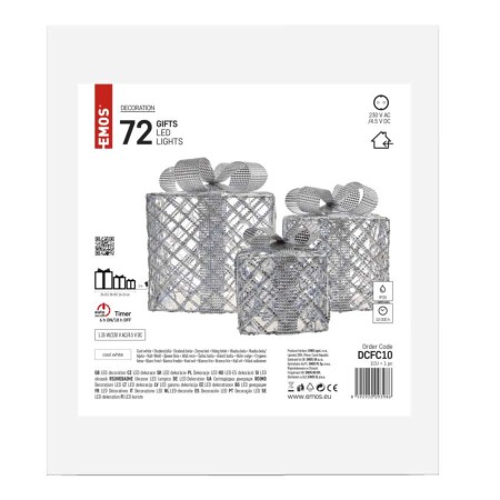Decorazione Natalizia LED 3 Scatole Regalo Argento con Luce Bianca Fredda e Timer | Emos DCFC10