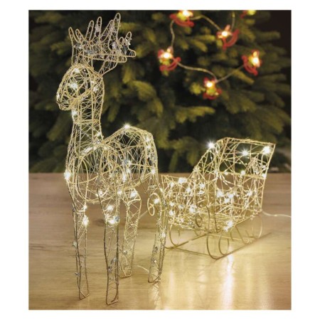 Decorazione Natalizia LED Renna con Slitta 47 cm con Luce Bianca Calda e Timer