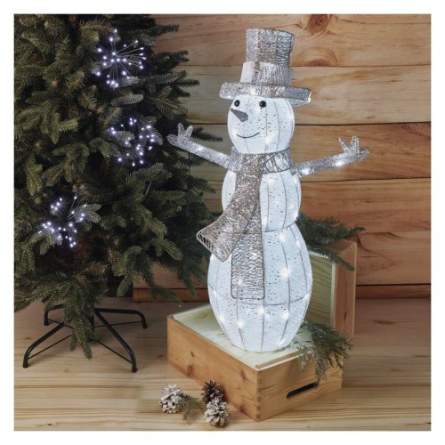 Pupazzo di Neve Natalizio LED in Rattan 82 cm con Luce Bianca Fredda e Timer