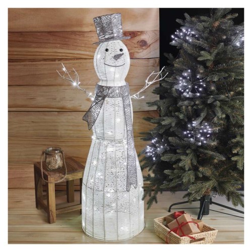 Pupazzo di Neve Natalizio LED in Rattan 124 cm, Luce Fredda da Interno con Timer
