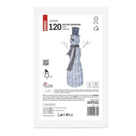 Pupazzo di Neve Natalizio LED in Rattan 124 cm, Luce Fredda da Interno con Timer | Emos DCFC01