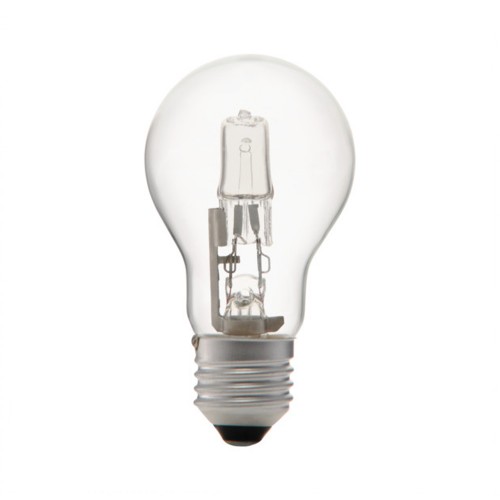 Lampadina alogena goccia E27 70W, CRI 100, luce calda e dimmerabile.