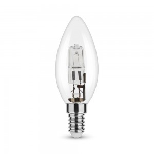 Lampadina alogena oliva E14 18W, CRI 100, luce calda e dimmerabile.