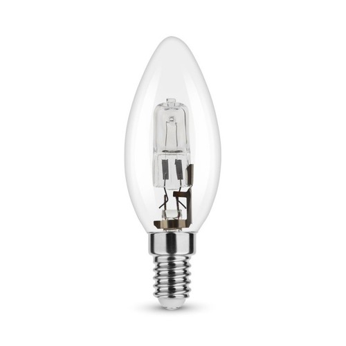 Lampadina alogena oliva E14 18W, CRI 100, luce calda e dimmerabile.