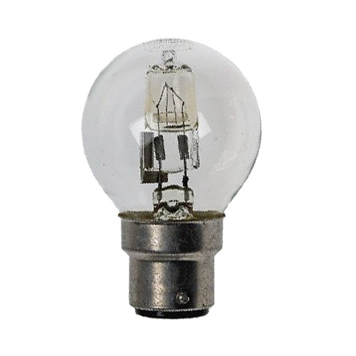 Lampadina eco alogena sfera BA22D 42W, CRI 100, luce calda e dimmerabile.