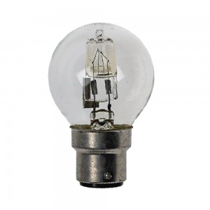 Lampadina eco alogena sfera BA22D 28W, CRI 100, luce calda e dimmerabile.