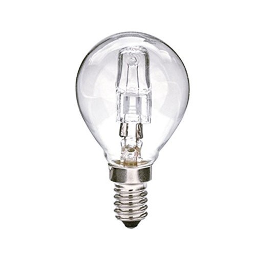 Lampadina alogena sfera E14 42W, CRI 100, luce calda e dimmerabile.