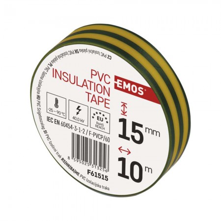 Nastro Isolante PVC Giallo-Verde 15mm x 10m - Spessore 0.13mm | Emos F61515