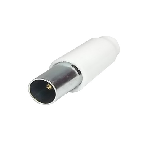 Spina coassiale bianca 9.5MM, impedenza 75 Ohm, fissaggio sicuro. Made in Italy.