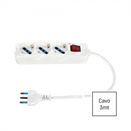 Multipresa Bianca 3 Posti con Interruttore, 3 Universali Cavo 3m | Ecova 30349N