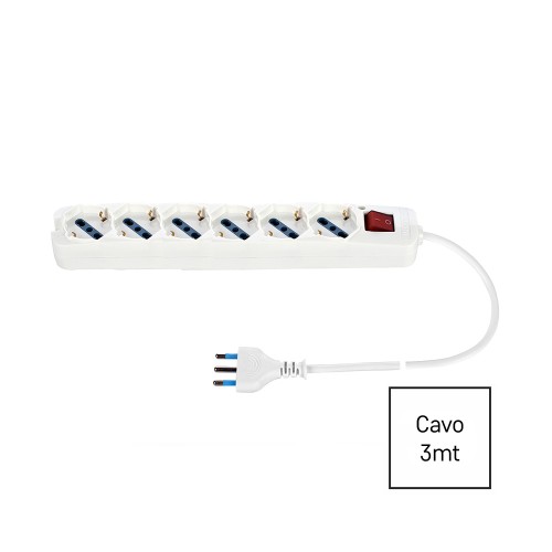 Multipresa Bianca 6 Posti con Interruttore, 6 Universali Cavo 3m | Ecova 30351N