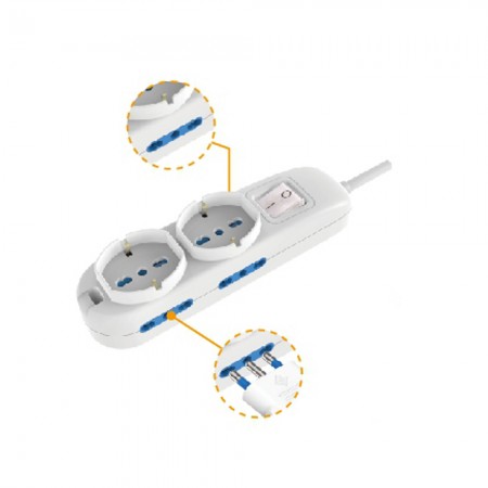 Multipresa Bianca 6 Posti con Interruttore, 2 Universali e 4 Bipasso, Cavo 1,5m | Ecova 30333N